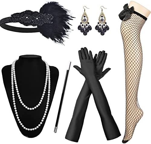 Generic 6 Pezzi 1920 accessori di Set,Accessori Anni '20, alla moda con fascia , guanti lunghi, collana con perle e accessori per donne, Charleston Fancy Set per Natale
