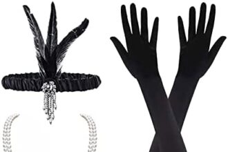 MIVAIUN Set di accessori per fascia flapper anni '20, 3 pezzi, fascia per capelli in piuma vintage Flapper, guanti lunghi neri, collana di perle, grandi accessori per costumi Gatsby, accessori per capelli stile retrò
