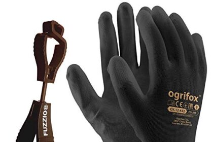 FUZZIO 24 paia di guanti da lavoro rivestiti poliuretano e supporto clip per guanti (XL -10, Nero)