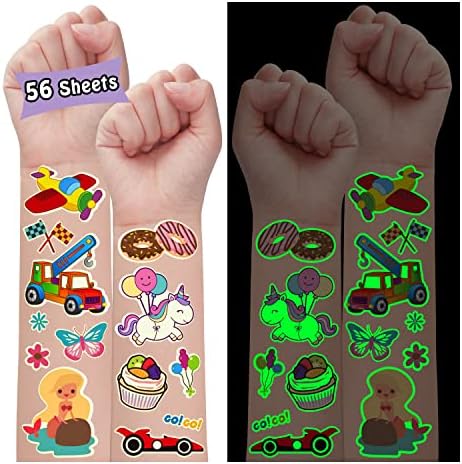 Leesgel 650(56 Fogli) Tatuaggi per Bambini, Misti Luminosi Stickers Bambini Adesivi Bambini Tatuaggi Temporanei, Gadget Compleanno Bambini Fluo Party Accessori Party Giochi Giocattoli