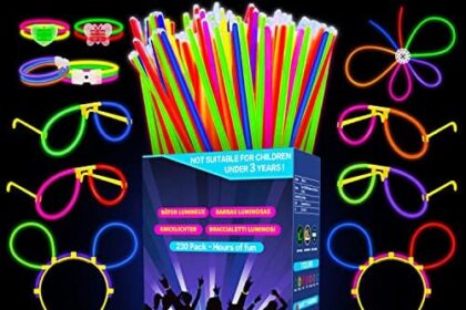 Millegu 230 Fluo Party Kit, Braccialetti Luminosi Fluorescenti Bambini Adulti Starlight Glow Sticks e Connettori per Bracciali Occhiali Gadget per Comleanno Feste Carnevale Capodanno Pasqua