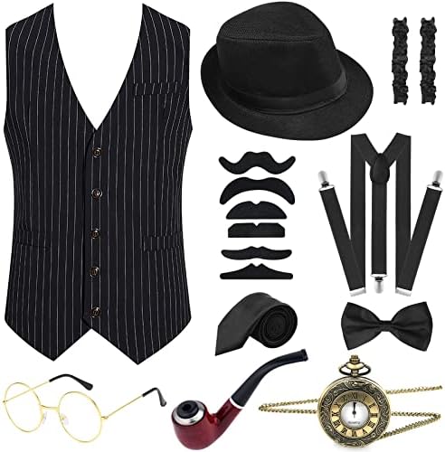 PLULON 1920 Accessori da uomo Abbigliamento Costume Outfit con gilet Cappello Fedora Orologio da tasca Bretelle Cravatta per uomo
