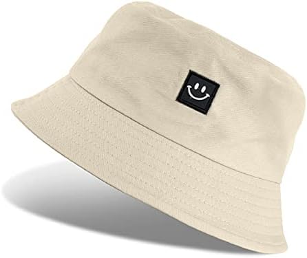 Voqeen Cappello Pescatore Pieghevole, Bucket Hat Cotone Protezione del Sole Cappello Cappello da Pescatore, Faccia Sorridente Cappello Traspirante per Spiaggia all'Aperto 56-58cm