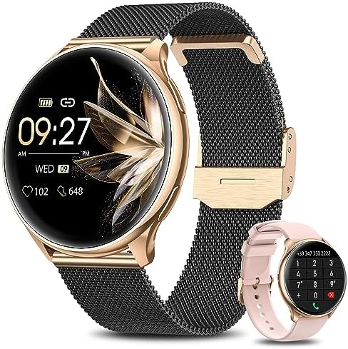 BANLVS Smartwatch Donna Chiamate Bluetooth e Risposta, 1.32" Smartwatch con Always-on Display Cardiofrequenzimetro SpO2 Sonno Fisiologia Orologio Fitness Notifiche Messaggi per Android iOS OroNero