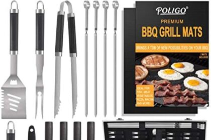 POLIGO 21PCS Kit Accessori Barbecue in Acciaio Inox - Attrezzi per Barbecue in Custodia di Alluminio Uomo Perfetto