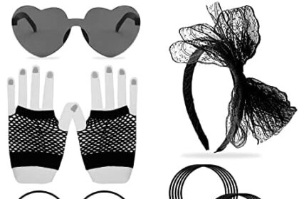 Set di accessori per il trucco, 15 pezzi anni '80, accessori per capelli in pizzo, collane al neon, orecchini vintage, guanti a rete colorati, braccialetto in silicone colorato, occhiali a cuore,