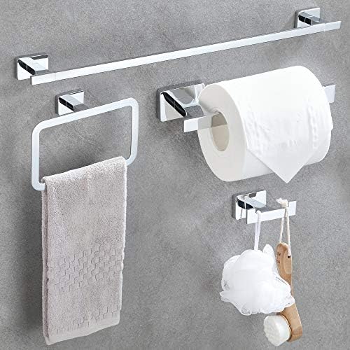 DUFU 4 Pezzi Portasciugamani Set di Accessori da Bagno, Porta Salviette 40CM Acciaio Inossidabile Anello Portasciugamani, Portarotolo e Gancio per Accappatoio, Port Asciugamani da Parete Argento