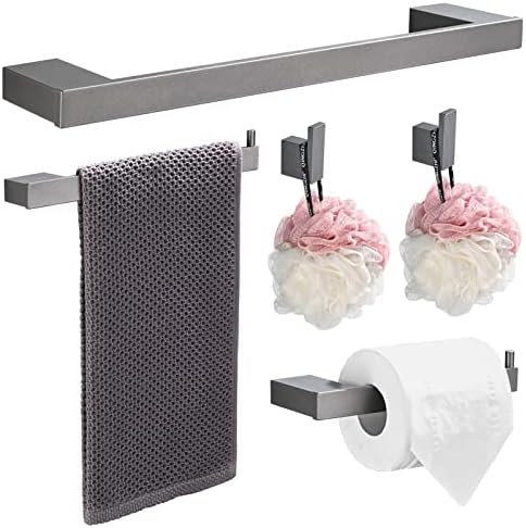 HANFU Porta Asciugamani, Accessori Bagno Set di 5, Alluminio da 40cm, Carta Igienica, Ganci per Accappatoio, Set Completo da Montaggio a Parete, Grigio