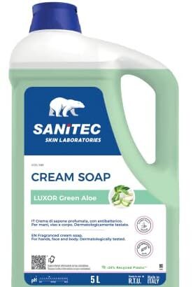 Sanitec, Luxor Green Aloe, Crema di Sapone Profumata Idratante e Antibatterico, Deterge le Mani Lasciandole Fresche e Pulite, pH 5,5, Dermatologicamente Testato, 5L 5000ml