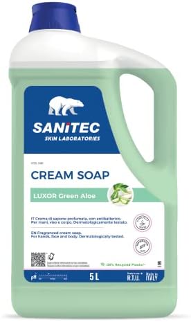 Sanitec, Luxor Green Aloe, Crema di Sapone Profumata Idratante e Antibatterico, Deterge le Mani Lasciandole Fresche e Pulite, pH 5,5, Dermatologicamente Testato, 5L 5000ml