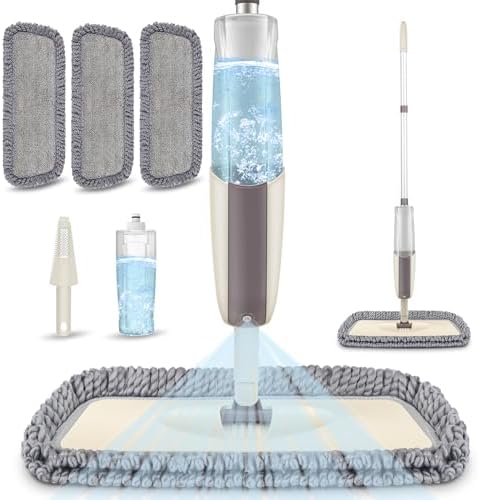 Scopa Lavapavimenti a Spruzzo, MEXERRIS Spray Mop Mocio Lavapavimenti con Flacone Ricaricabile da 410 ml e 3 Tamponi Lavabili Professionale Mop Pavimenti per Casa Cucina Laminato Legno Legno Duro