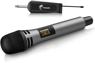 TONOR Microfono Senza Fili, UHF Sistema Wireless Microfonico Dinamico Portatile in Metallo Cordless con Ricevitore Ricaricabile, Uscita 1/4" per Amplificatore, Sistema PA, Macchina da Karaoke, Grigio