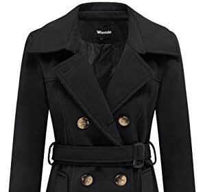 Wantdo Cappotto Doppiopetto Misto Lana Parka Classica Media Lunghezza Giubbotto Antivento Invernale Caldo Giacca Slim Fit con Cintura Vintage Donna