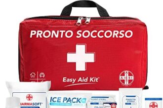 AIESI® Kit di Pronto Soccorso professionale per auto casa viaggio barca moto trekking con TERMOMETRO e DISINFETTANTE, EASY AID KIT, Borsa di emergenza completa per medicazione, Made in Italy