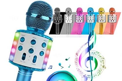 ATLAS Microfono Karaoke Wireless Bluetooth USB LED Flash Microfono Portatile per promozione regalo Altoparlante wireless per feste famiglia Anche per far giocare i bambini microfono bambini (BLU)