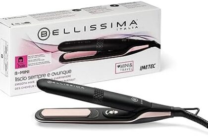 Bellissima Imetec B-Mini, Piastra per capelli da Borsa e Viaggio, per Capelli corti e frange, Compatta, Leggera, Rivestimento in Ceramica, Temperatura 200°C, Multivoltaggio Automatico, Beauty Bag