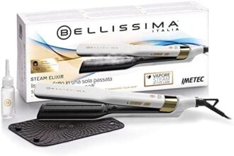 Bellissima Imetec Steam Elixir, Piastra a Vapore, Capelli lisci in Una Sola Passata Senza Danni, Rivestimento in Ceramica e Olio Argan, Rapido Riscaldamento, 4 Temperature, Tappetino Termoresistente