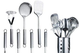 Berglander Utensile da cucina in acciaio inox 7 pezzi con 1 supporto, accordatore intagliato, mestolo, schiumarola, cucchiaio da portata, impasto per server, frullatore di patate, frusta per uova