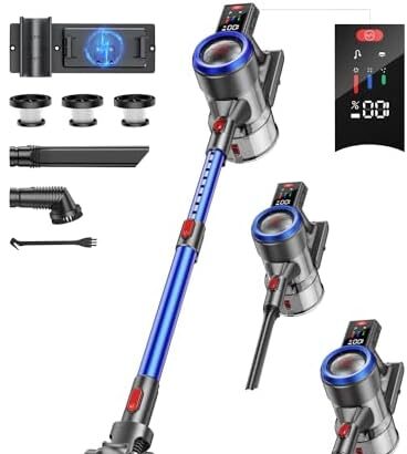 BuTure Aspirapolvere Senza Fili 450W/38Kpa,Ricarica a Parete,55Mins Scopa Elettrica Senza Fili Potente con Touchscreen Intelligente e Anti-Avvolgimento,1.5L Aspirapolvere per Pavimenti/Tappeti/Animali