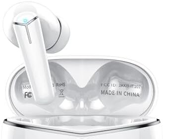 Cuffie Bluetooth, Auricolari Bluetooth 5.3 Incorporato Driver da 14.2mm, Cuffie Wireless con Bassi Icmmersivi, IP7 Impermeabili Cuffiette Bluetooth, 36H Cuffie Senza Fili con Display LED, Bianco