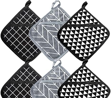 DXRPO Presine da Cucina e Guanti da Forno Resistenti al Calore 550℉, Imbottito con cotone riciclato, Presine da Cucina, Per Cucinare e Cuocere, 18cm x 18cm, 2 pezzi Grigio e 4 pezzi Nero
