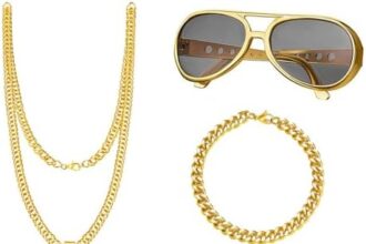 JurciCat 5 pezzi Hip Hop Collana dollaro & Ring, collana rapper Gold Chain Sunglasses Accessori anni 70 80 90 Carnevale Costume