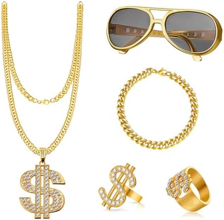 JurciCat 5 pezzi Hip Hop Collana dollaro & Ring, collana rapper Gold Chain Sunglasses Accessori anni 70 80 90 Carnevale Costume