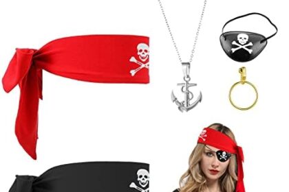 MIVAIUN 5 Pezzi Accessori per Costumi da Pirata, Bandana da Pirata, Benda sull'Occhio da Pirata, Collana Pirata, Accessori Pirata per Halloween e Festa a Tema Pirata, Costume per Carnevale