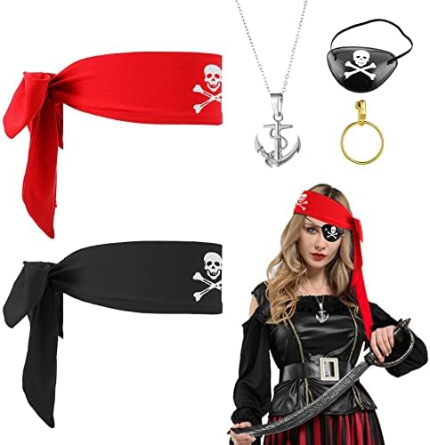 MIVAIUN 5 Pezzi Accessori per Costumi da Pirata, Bandana da Pirata, Benda sull'Occhio da Pirata, Collana Pirata, Accessori Pirata per Halloween e Festa a Tema Pirata, Costume per Carnevale