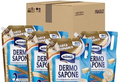 Milmil Dermo Sapone Liquido Delicatezza Avvolgente, Sapone Mani, Viso e Corpo, Maxi Formato Ricarica Universale, Dermatologicamente Testato senza Parabeni - 4 x 2000 ML