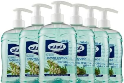 Milmil Sapone Liquido, Fragranza Tea Tree Oil, Formula Idratante per Pelli Sensibili, con Dispenser, Sapone Mani, Viso e Corpo, Dermatologicamente Testato - 6 x 500 ML