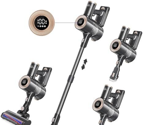 Movell Aspirapolvere Senza Fili,300W 28000pa Scopa Elettrica Senza Fili Potente con Motore Brushless,Display a LED,55 Mini Runtime Staccabile Batteria, Capacità di 1.5 Litri, per Multi-Superfici(Nero)