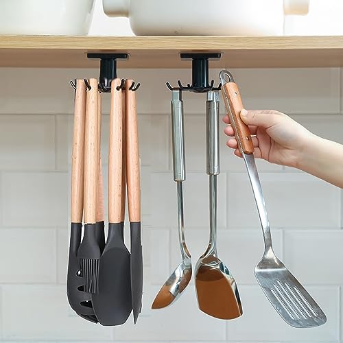 Nmgkokew 2 Pezzi Porta Utensili da Cucina,Ganci per Utensili da Cucina Rotante a 360°,Portautensili Cucina Senza Foratura con 6 Ganci,per Cucina/Bagno/Guardaroba (Nero)