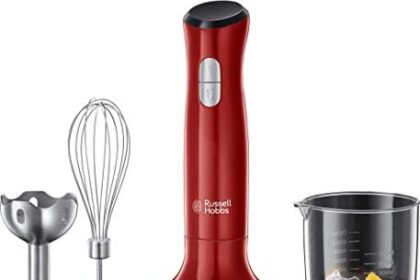 Russell Hobbs Frullatore a Immersione,3 in 1: Frullatore (bicchiere 700 ml), Tritatutto (500 ml), Frusta per montare, 2 velocità, zuppe, yogurt, salse, Frusta, Lavastoviglie ok, Rosso, 24700-56