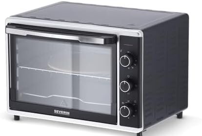 SEVERIN TO 2058 Forno Elettrico 42 L da 1800W, Forno Elettrico Ventilato con pietra refrattaria per pizza, luce interna, girarrosto, teglia, leccarda, da 60 a 230°, nero/argento