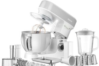 Sencor Robot da Cucina Multifunzione, Planetaria Potente 1200W, Accessori Completi, Ciotola Acciaio 5L, Illuminazione LED, Frullatore, Tritacarne, Cookie Maker e Coperchio Magnetico