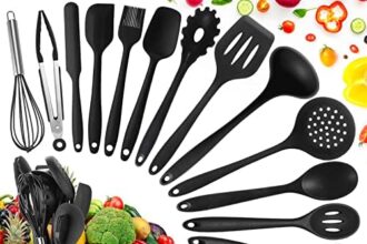 TAVADA Set di Utensili da Cucina in Silicone Accessori 49PCS , con 20 Ami, Resistenti al Calore Antiaderenti Spatola da Cucina, Nero