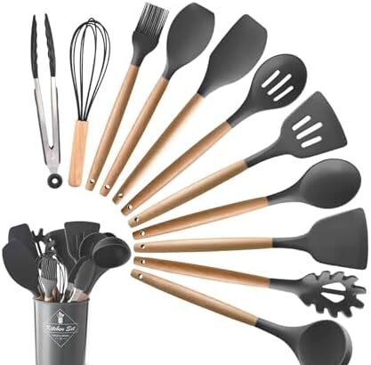 TEMPO DI SALDI Set Di 11 Utensili Cucina In Silicone Resistenti Al Calore Con Manico In Legno, colori assortiti