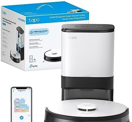 TP-link Tapo RV30 Plus, Robot Aspirapolvere Lavapavimenti, Aspirazione Potenza 4200Pa, Navigazione LiDAR, Mappatura Rapida, Batteria da 5000mAh, Dock di Svuotamento Intelligente, APP&Alexa&Google
