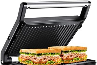 Tiastar Panini Maker/Griglia elettrica e Sandwich,Tostapane Piastra 1000W,Bistecchiera elettrica con Rivestimento Antiaderente, Grill Elettrico con apertura fino a 180º piatta, Indicatore Luminosa