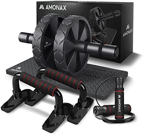 Amonax attrezzi palestra casa set (ruota addominali attrezzi, maniglie per flessioni, corda per saltare), sport kit ab roller fitness rotella rullo, workout ab wheel