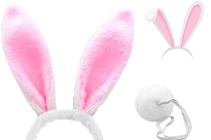 Cerchietto Orecchie Coniglio Set, FUKPO Fascia Capelli Orecchie da Coniglio Peluche, Cerchietti Coniglio Coda Coniglietta Papillon Pasqua, Bambini Adulti Cosplay Accessori Costume(Bianco Rosa)