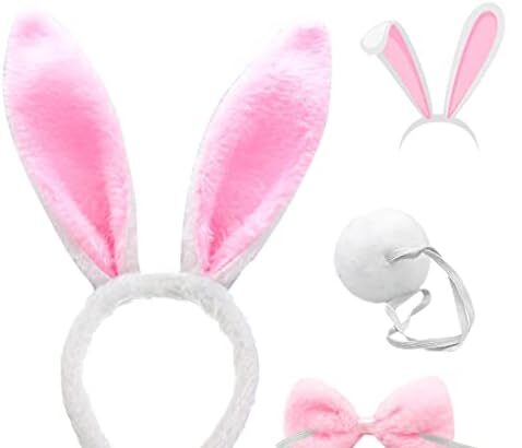 Cerchietto Orecchie Coniglio Set, FUKPO Fascia Capelli Orecchie da Coniglio Peluche, Cerchietti Coniglio Coda Coniglietta Papillon Pasqua, Bambini Adulti Cosplay Accessori Costume(Bianco Rosa)