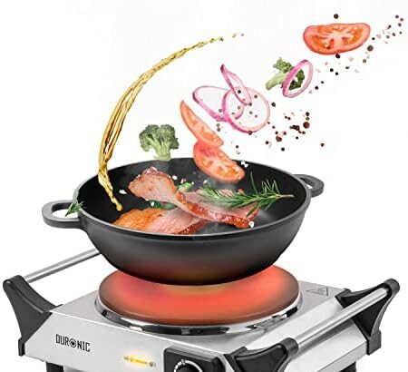 Duronic HP1 SS Fornello elettrico 1500W | 1 Piastra elettriche in ghisa con manici per il trasporto e Temperatura regolabile | Piano cottura 1 fuoco ideale per campeggio esterno o interni | Argento