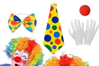 NHYDZSZ 5 Pezzi Accessori Costume Clown,Accessori per Costumi da Clown,Parrucca Riccia da Clown Naso da Clown Papillon Colorata Guanti Bianchi Costume Carnevale per Halloween Cosplay Festa Carnevale