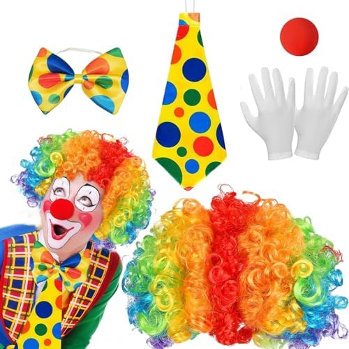 NHYDZSZ 5 Pezzi Accessori Costume Clown,Accessori per Costumi da Clown,Parrucca Riccia da Clown Naso da Clown Papillon Colorata Guanti Bianchi Costume Carnevale per Halloween Cosplay Festa Carnevale