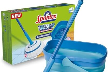 Spontex Sistema Compact Twist Mop e Secchio, Lavapavimenti in Microfibra, Sistema di Strizzatura Integrato, Secchio Pieghevole, 10 l, Pulisce Pavimenti in Laminato, Legno e Piastrelle, Testa Lavabile