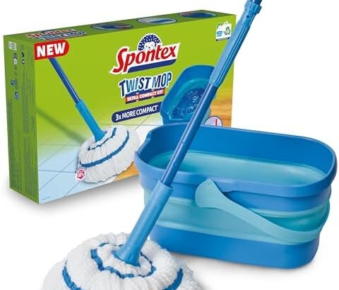 Spontex Sistema Compact Twist Mop e Secchio, Lavapavimenti in Microfibra, Sistema di Strizzatura Integrato, Secchio Pieghevole, 10 l, Pulisce Pavimenti in Laminato, Legno e Piastrelle, Testa Lavabile