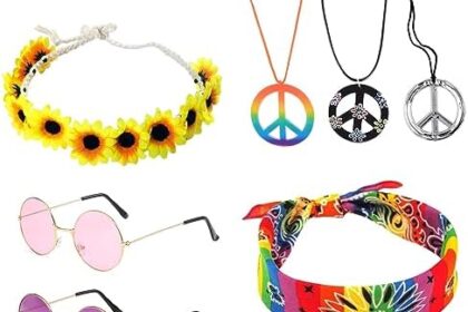 TSHAOUN Set di 9 costumi hippie, tra cui occhiali da sole rotondi, collana con segno della pace, collana girasole e fascia colorata hippie per anni '70 e '80, accessori per vestirsi in stile hippie