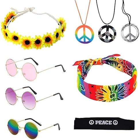 TSHAOUN Set di 9 costumi hippie, tra cui occhiali da sole rotondi, collana con segno della pace, collana girasole e fascia colorata hippie per anni '70 e '80, accessori per vestirsi in stile hippie